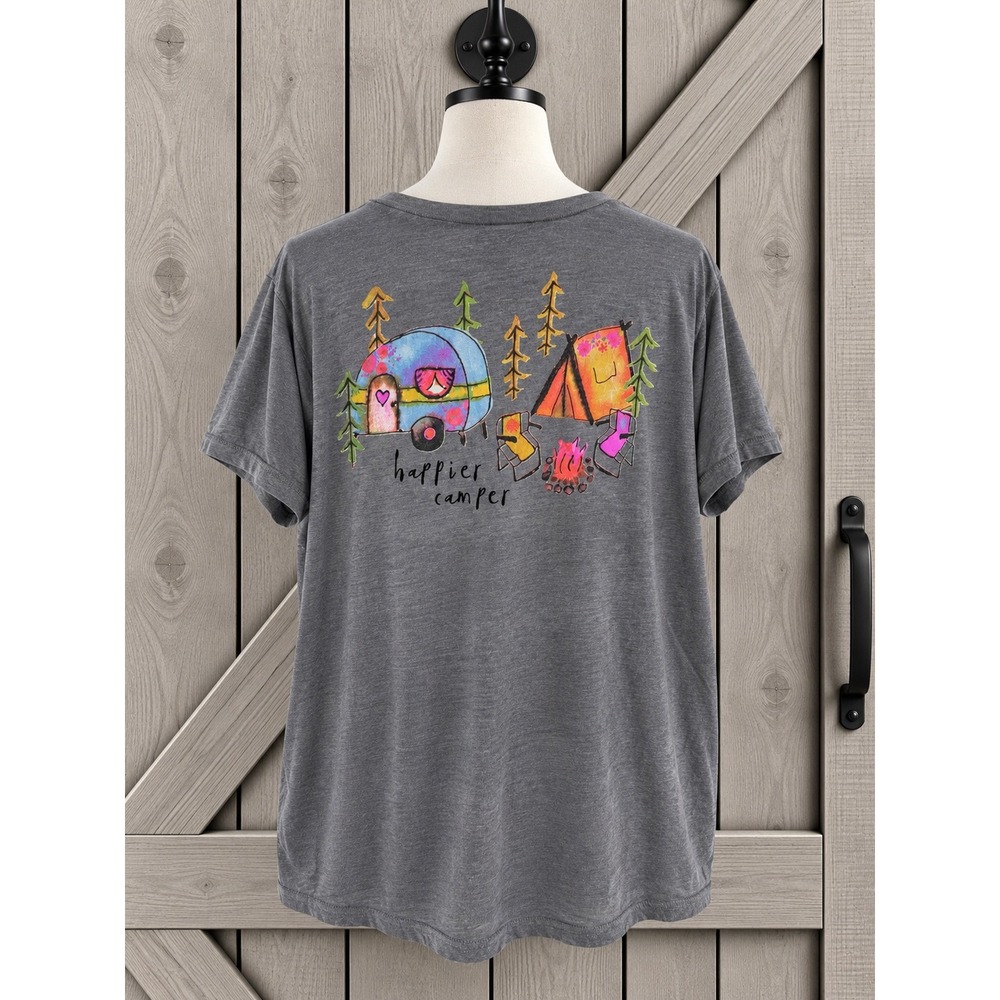 Natural Life T-Shirt XL Gray Happier Camper Graphic Pocket V-Neck Tee